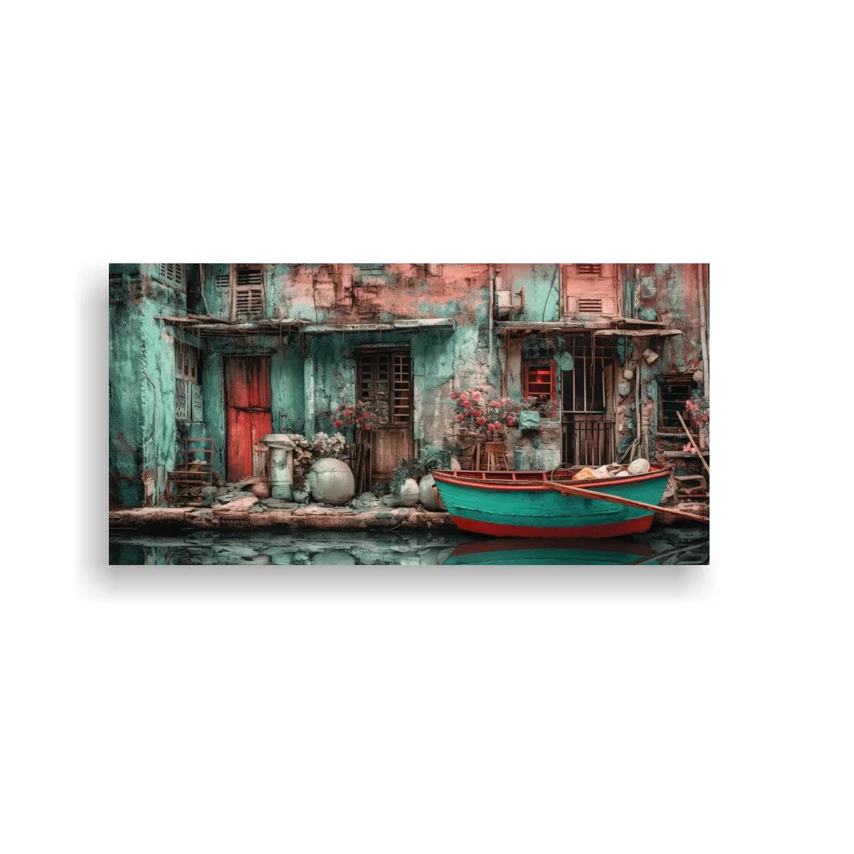 Cuadro barca roja junto a casas antiguas en formato panorámico