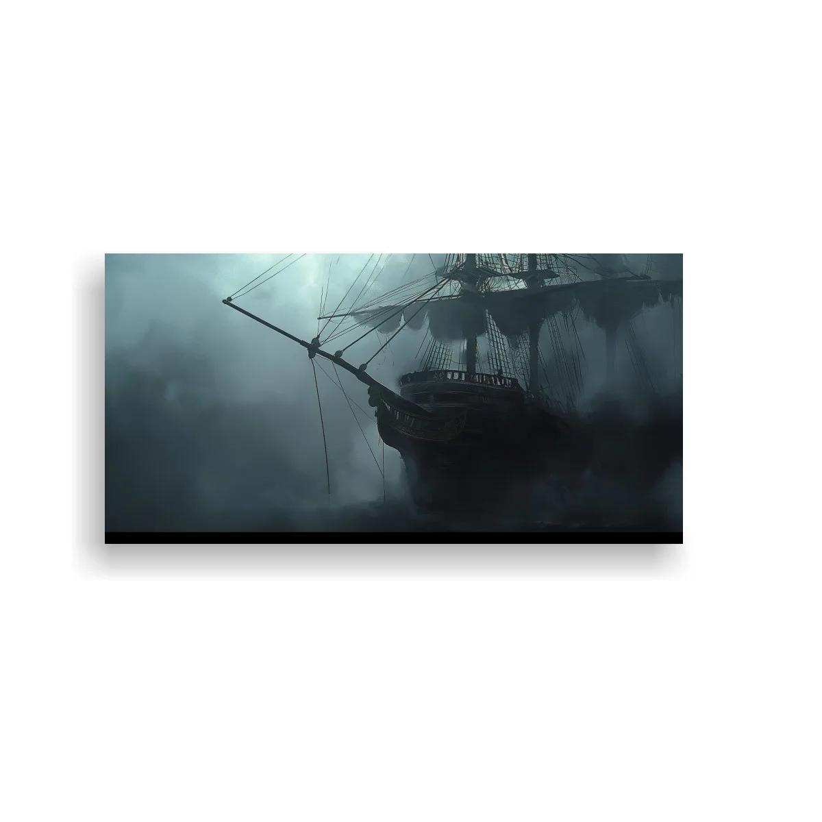 Cuadro velero antiguo entre la niebla y el agua oscura