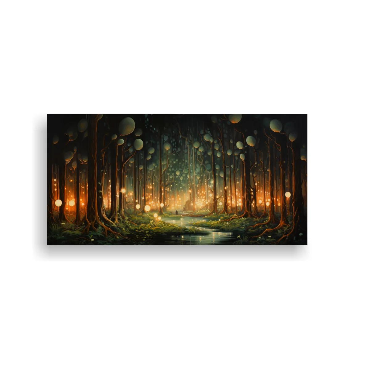 Cuadro bosque encantado con luces brillantes y resplandor cálido