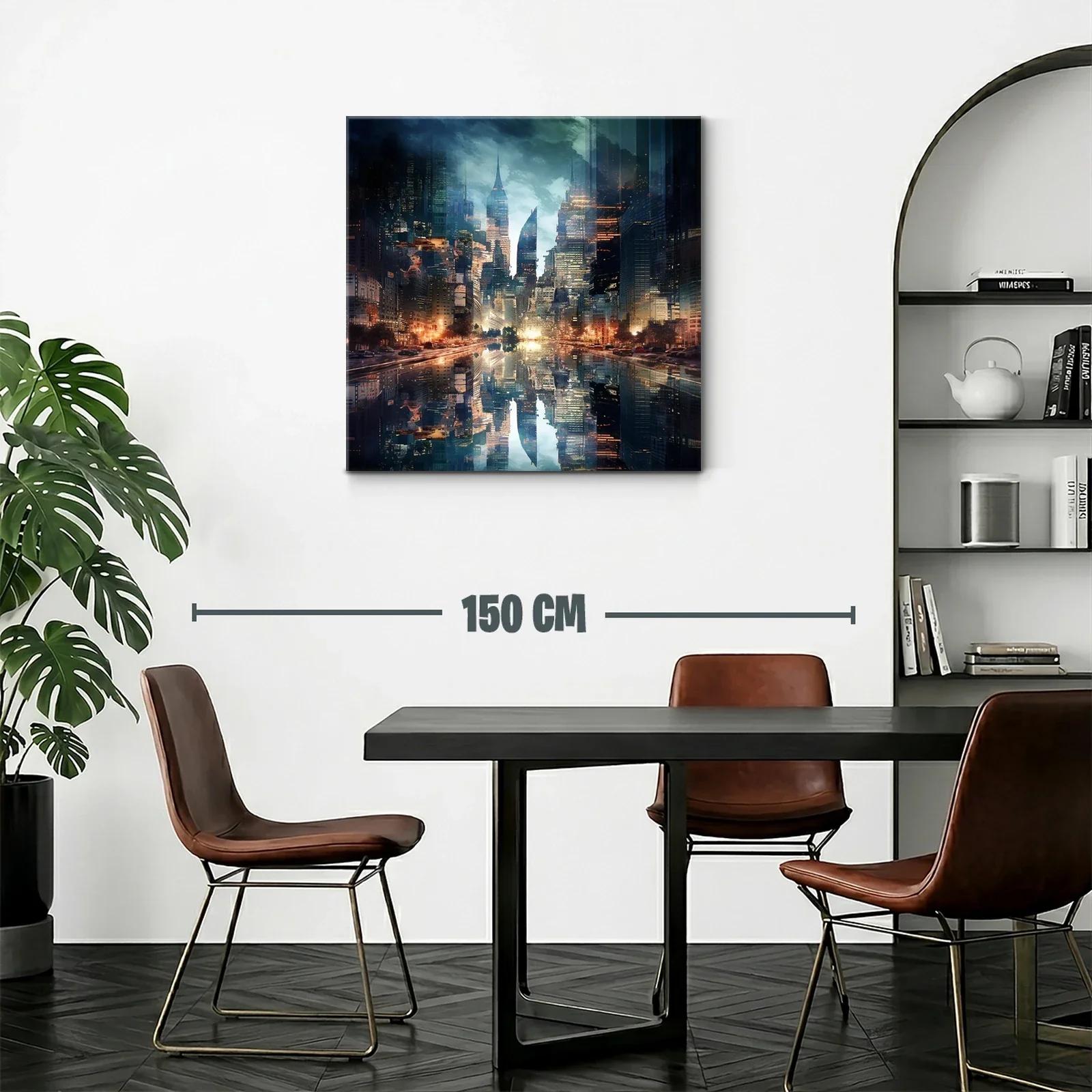 Ciudad futurista reflejada en agua con luces doradas y azules — miniatura 2