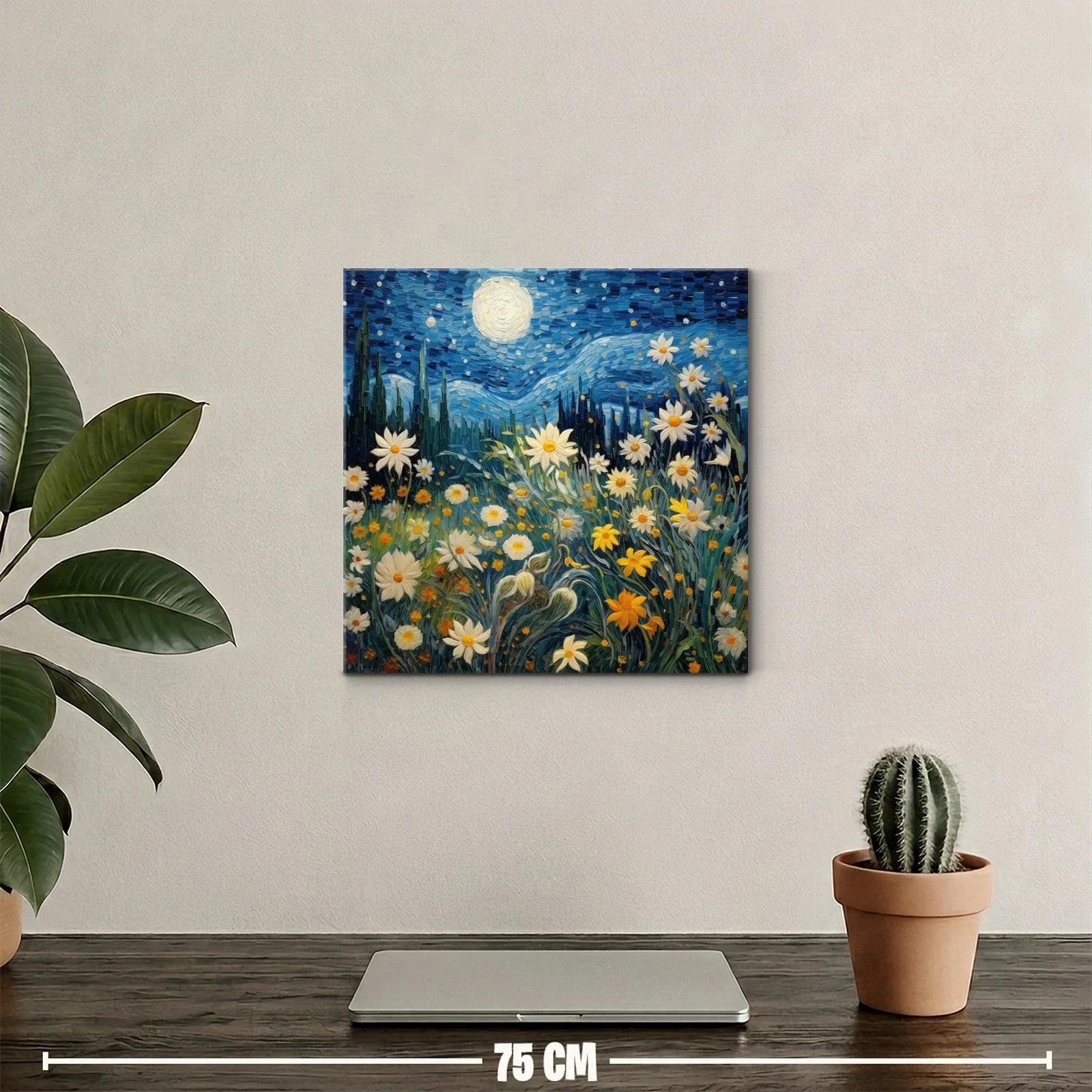 Jardín de flores bajo cielo estrellado y luna llena — miniatura 2