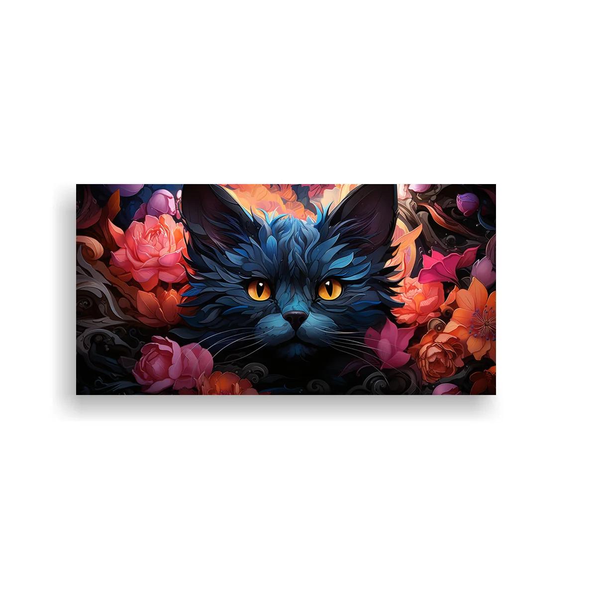 Cuadro gato negro entre flores rosadas