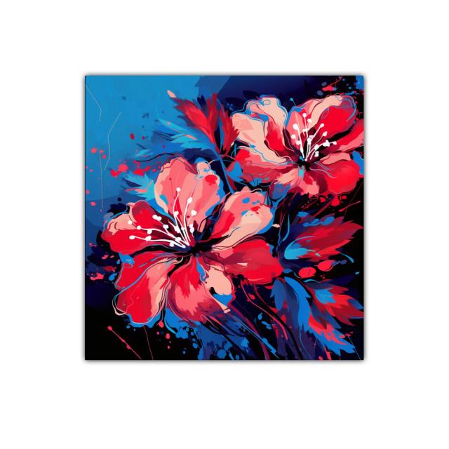 Vibrantes flores rojas con toques azules sobre fondo oscuro