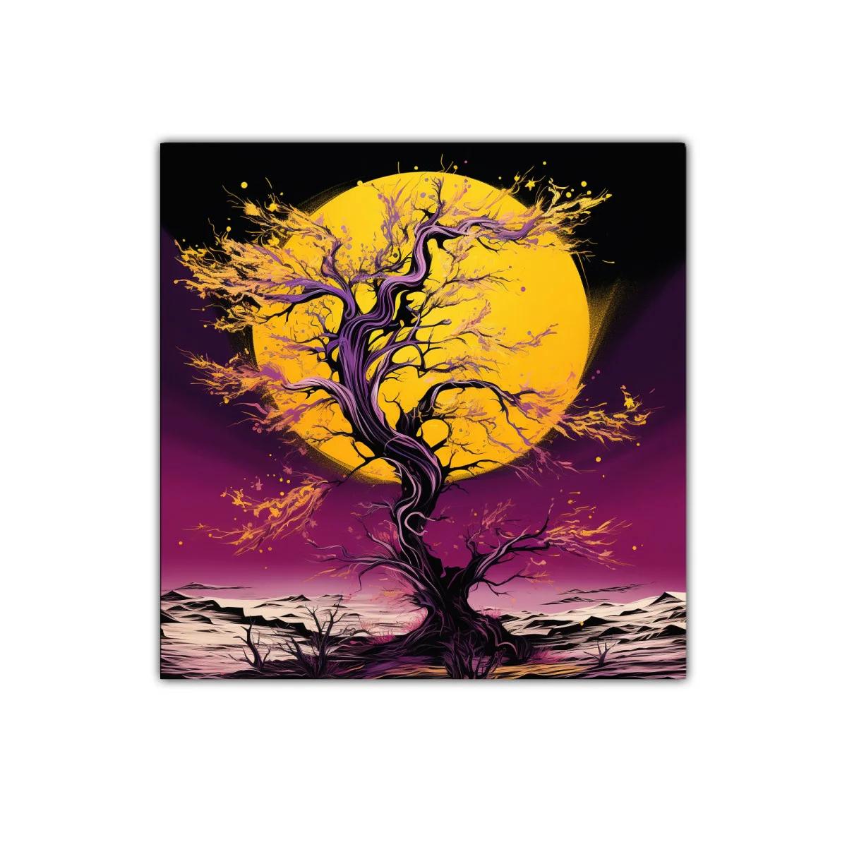Árbol Fantástico con Luna Amarilla y Cielo Púrpura