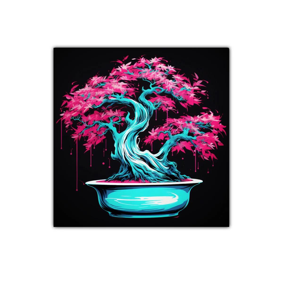 Árbol bonsái vibrante con tonos azul y rosa eléctrico