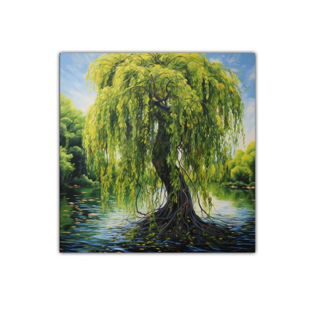 Árbol de sauce sobre lago con follaje vibrante