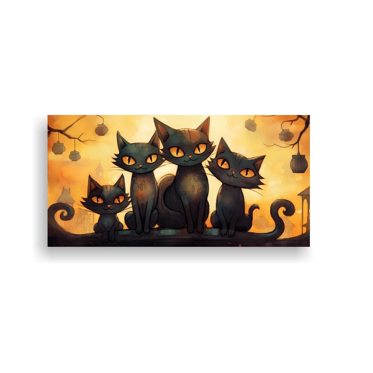 Cuadro cuatro gatos negros con fondo cálido y ramas en silueta