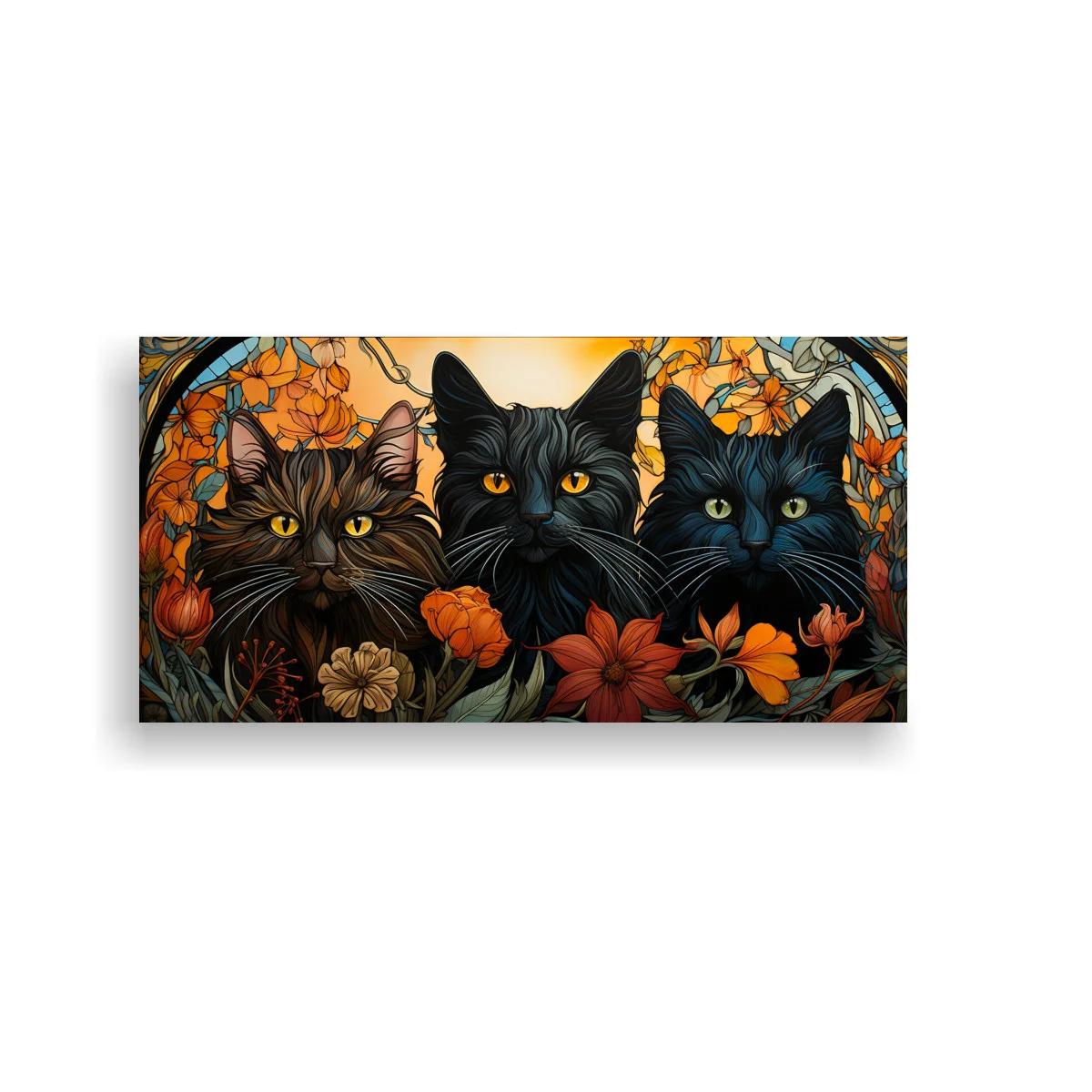 Cuadro tres gatos de ojos brillantes enmarcados por curvas orgánicas