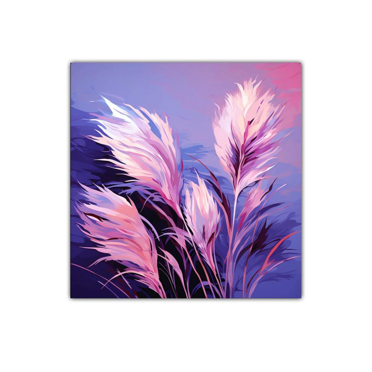 Cuadro decorativo abstracto con plumas en tonos violetas y rosas — imagen principal