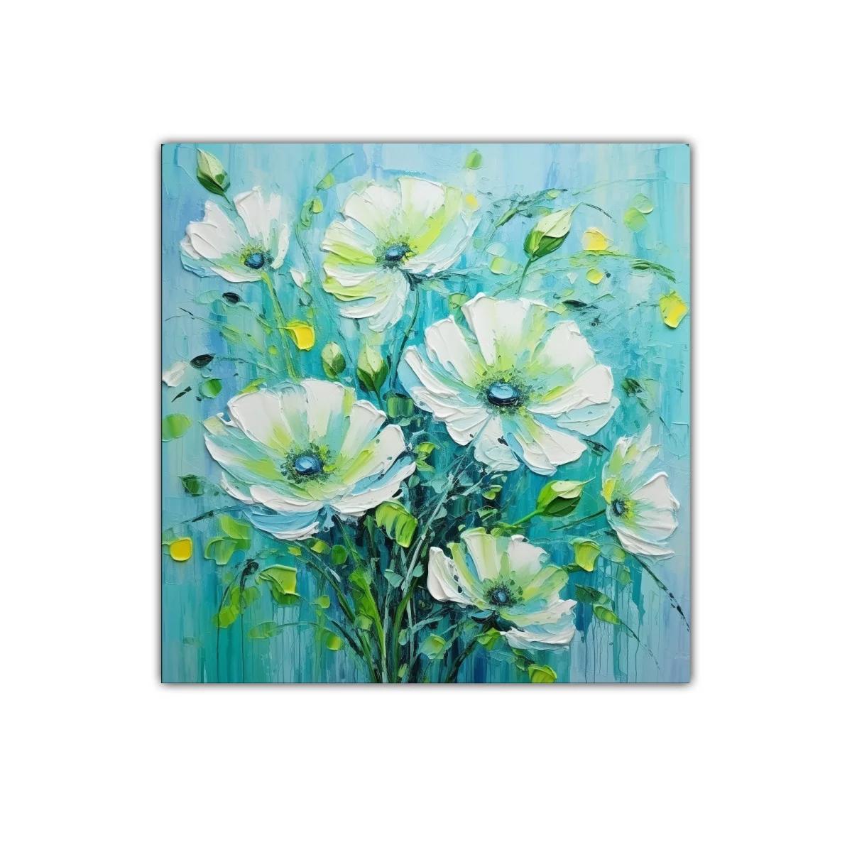 Cuadro decorativo con flores blancas y fondo azul verdoso — imagen principal