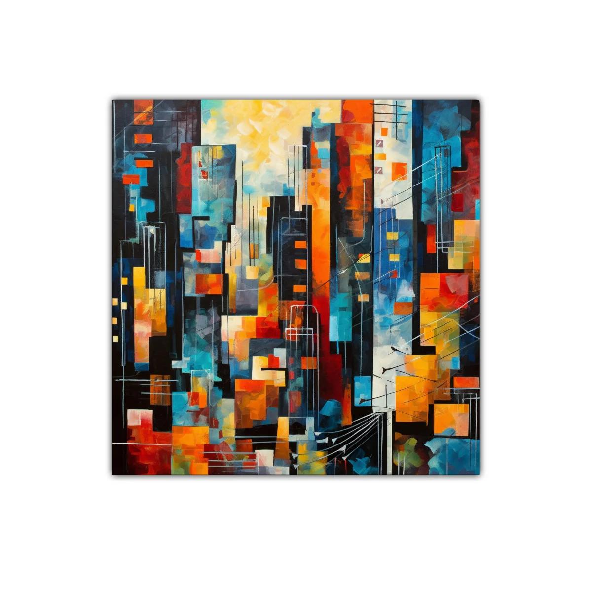 Cuadro abstracto con vibrante ciudad en tonos cálidos y fríos — imagen principal