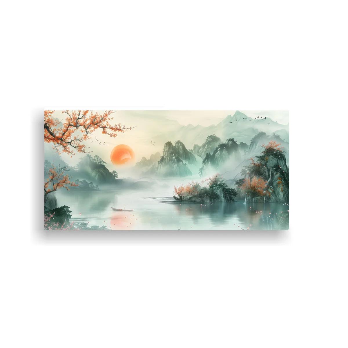Cuadro paisaje de montañas con lago y flores rosadas