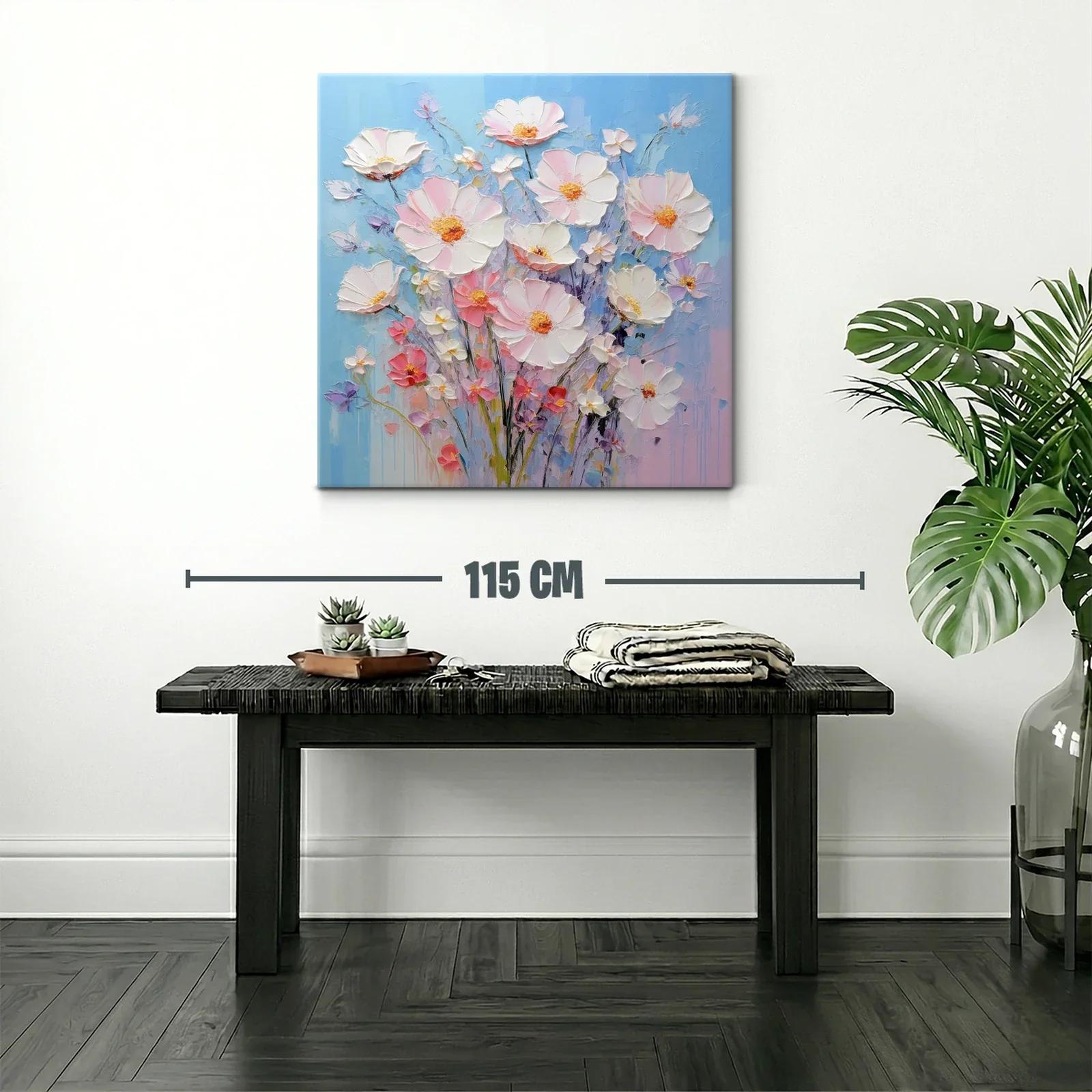 Cuadro ramo de flores delicadas en tonos pastel y fondo azul — miniatura 2