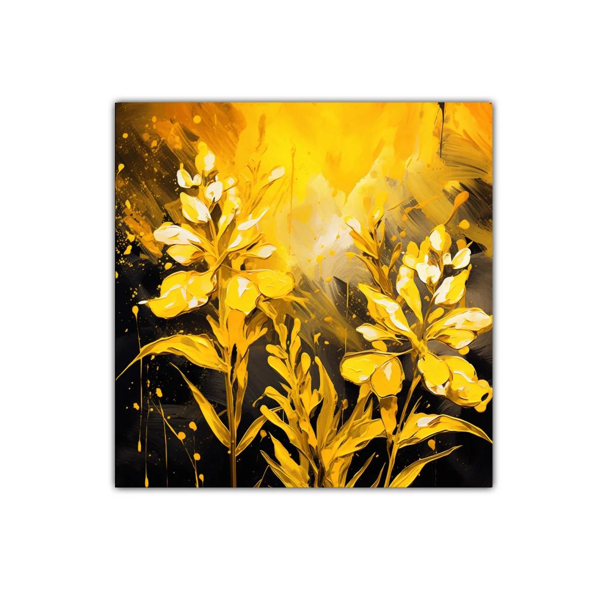 Cuadro decorativo con flores doradas y fondo oscuro