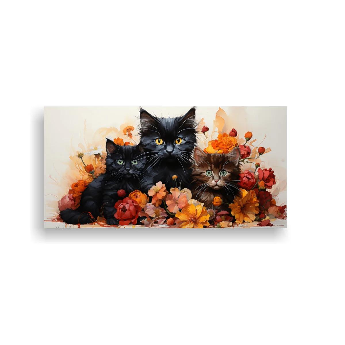 Cuadro tres gatos negros entre flores otoñales