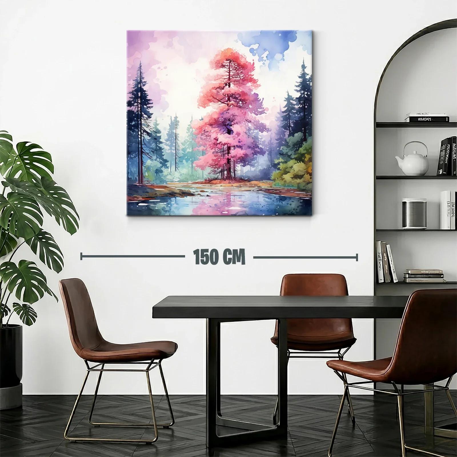 Árbol rosa en paisaje sereno junto a lago reflejado — miniatura 2