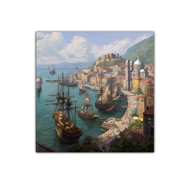 Puerto histórico con barcos de vela y arquitectura clásica