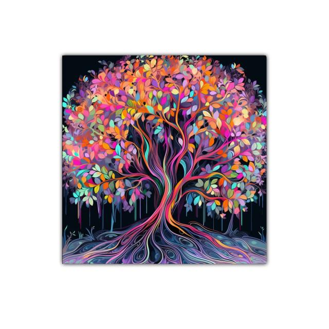Árbol de colores vibrantes sobre fondo oscuro
