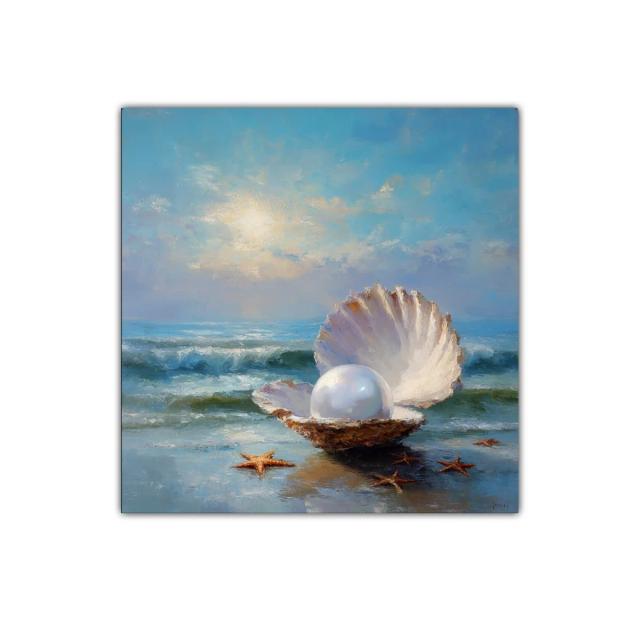 Perla resplandeciente sobre la orilla del mar azul