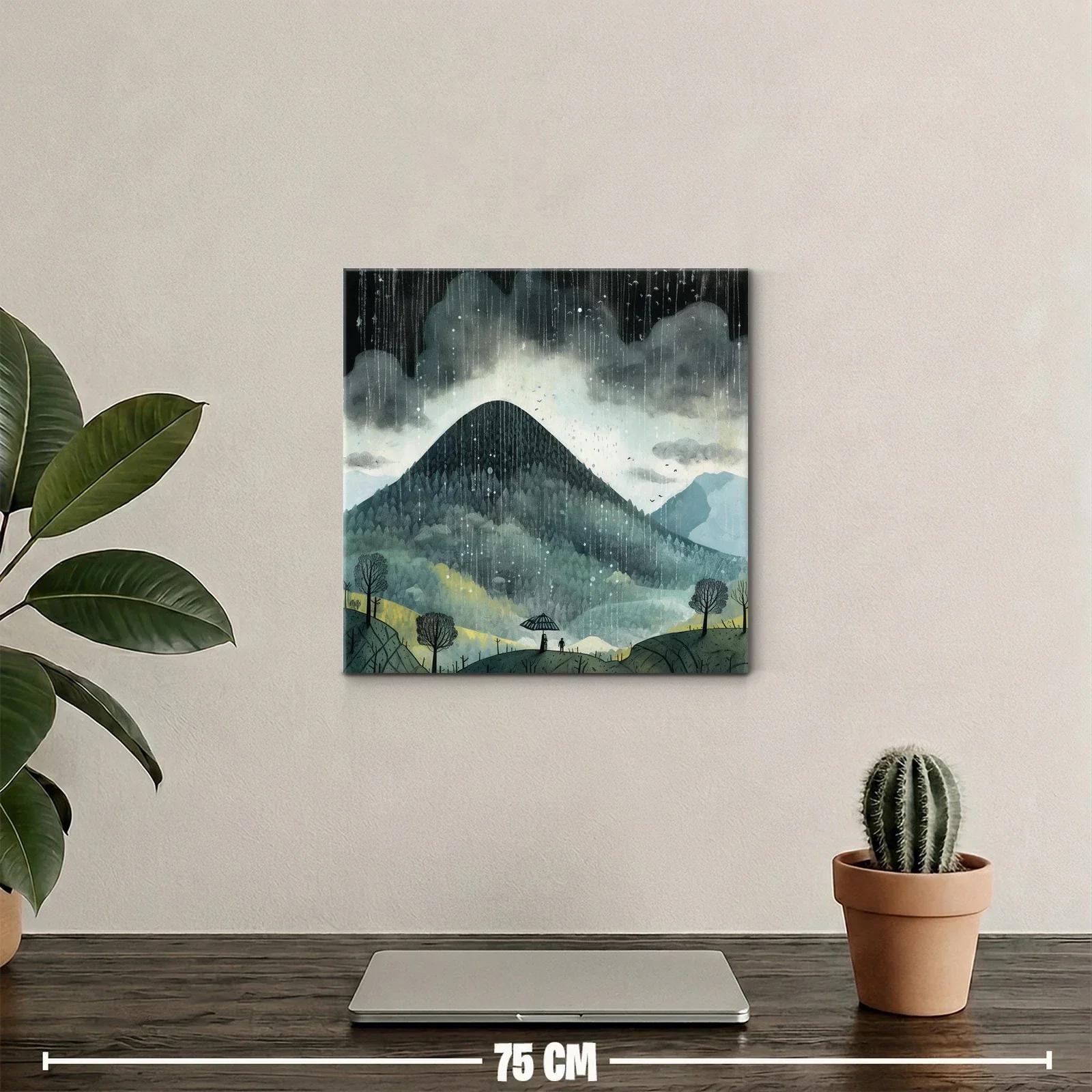 Paisaje de montaña bajo lluvia con siluetas y paraguas — miniatura 2