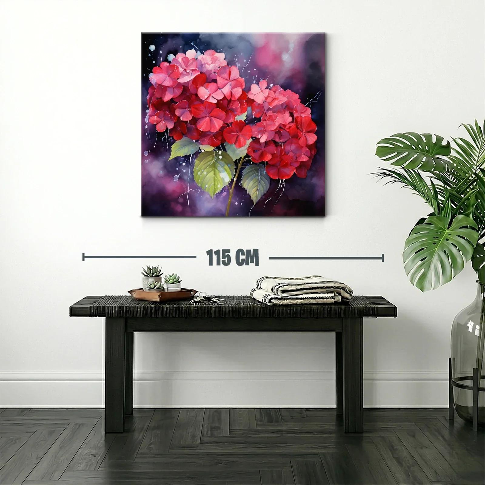 Vibrante cuadro con hortensias en tonos rojos y rosas — miniatura 2