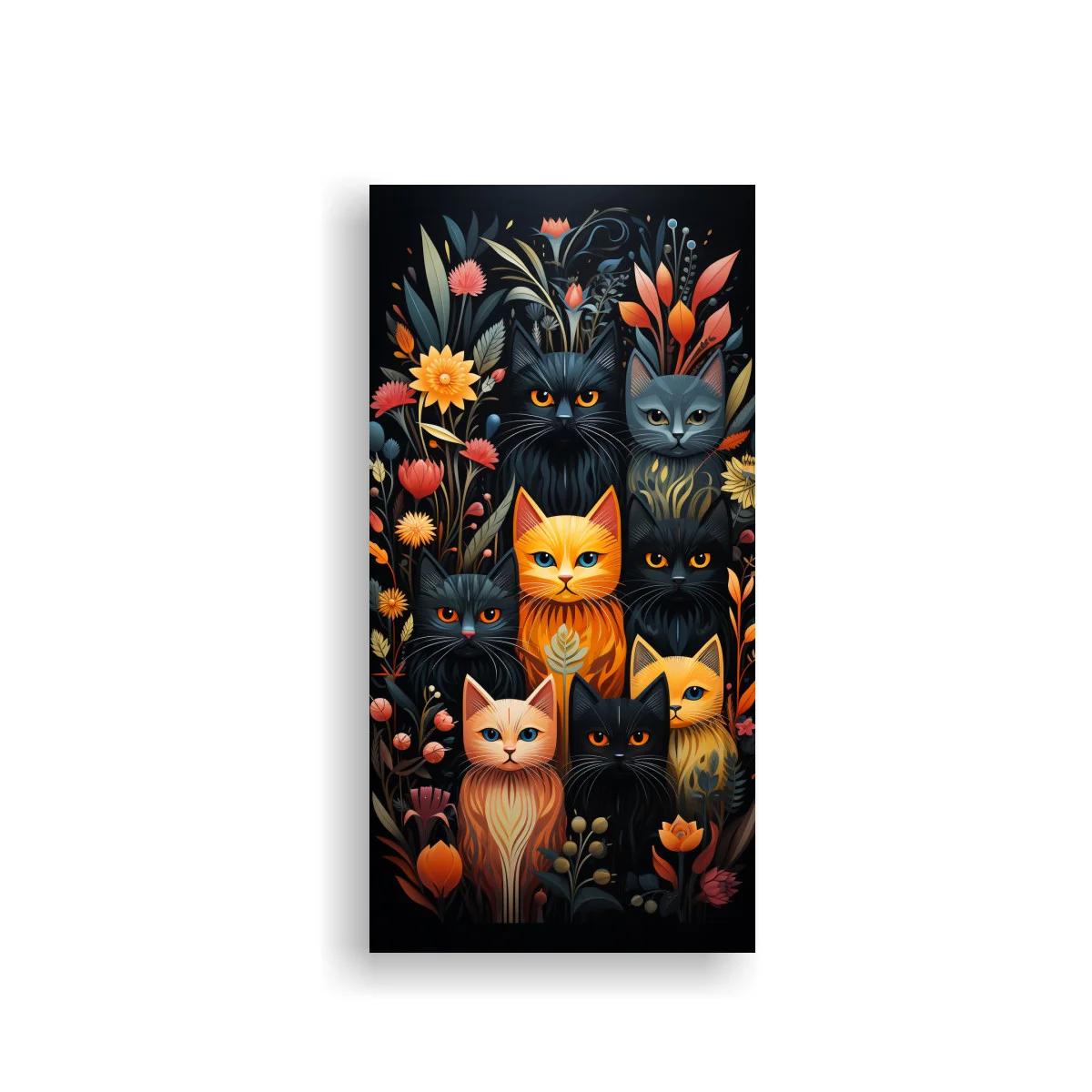 Cuadro grupo de gatos entre capullos y follaje oscuro