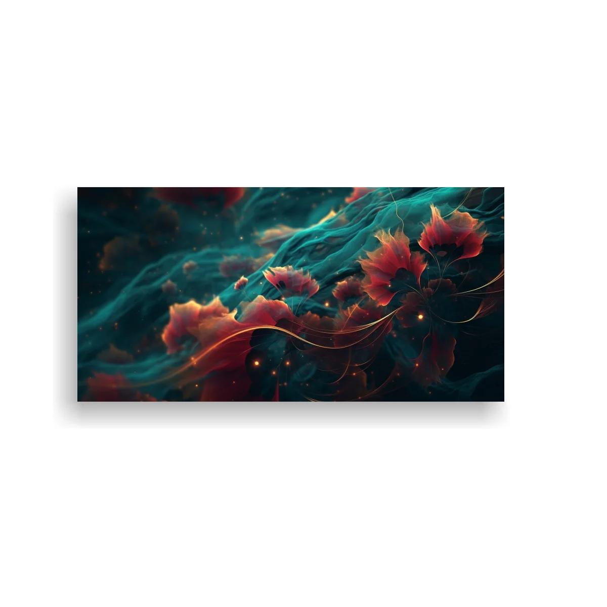 Cuadro flores rojas flotantes con niebla verde azulado