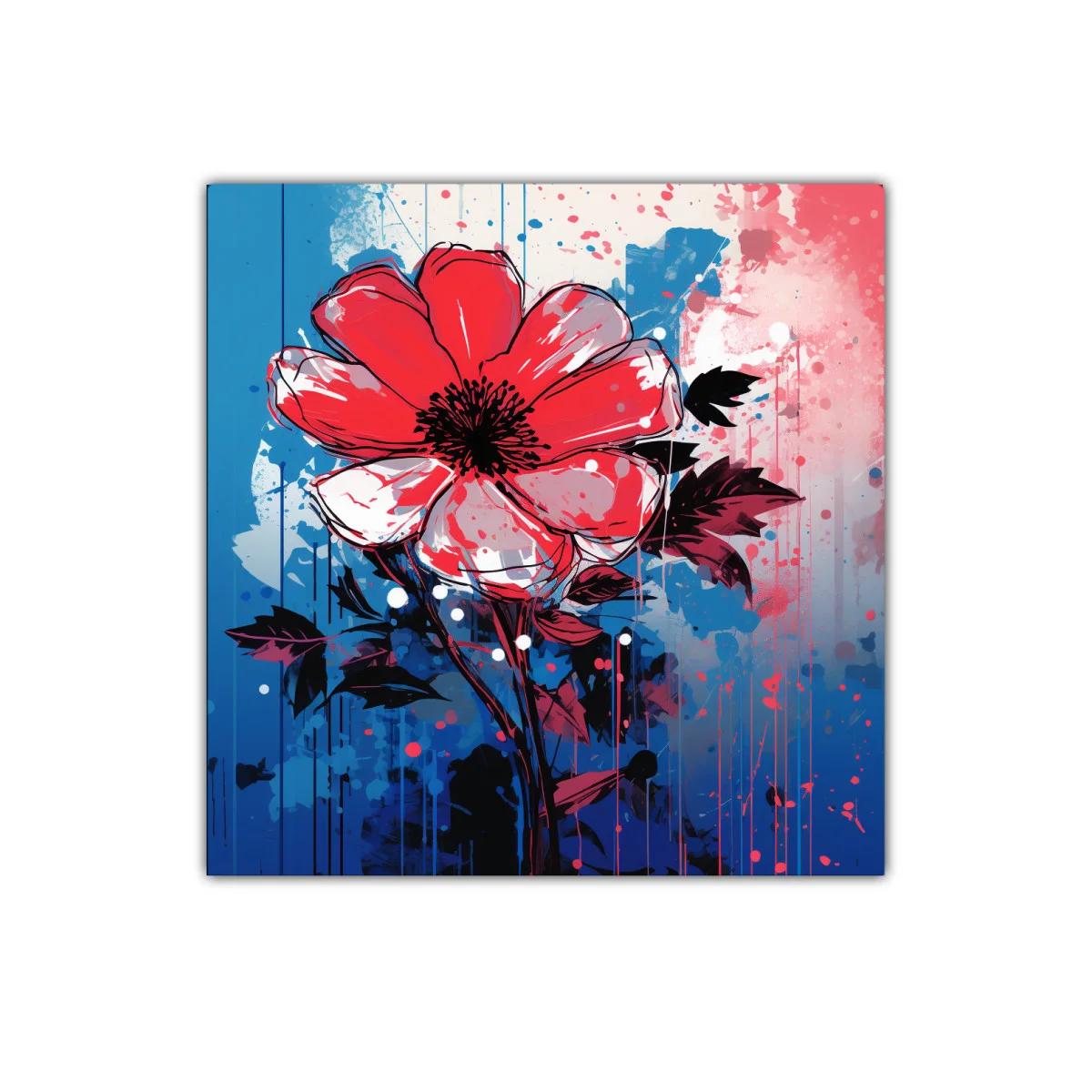 Flor roja vibrante sobre fondo azul y rosa — imagen principal