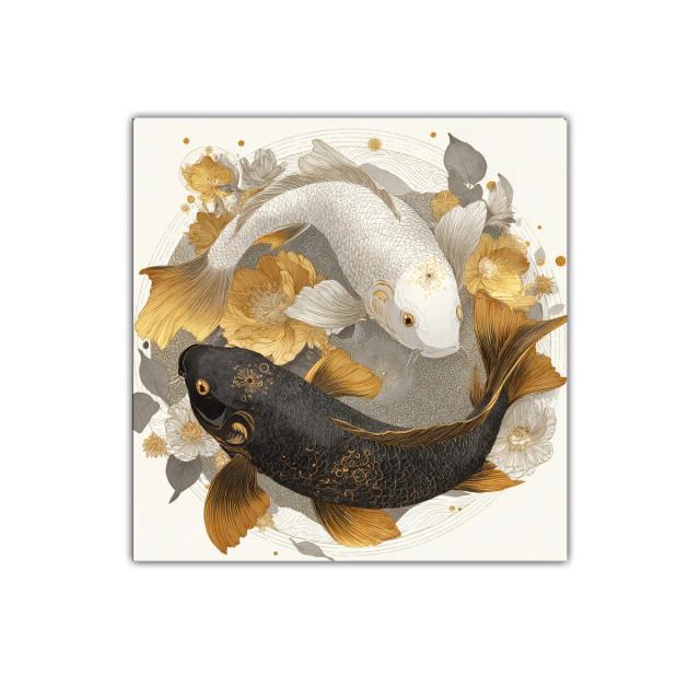 Cuadro decorativo con peces koi en tonos dorados y negros