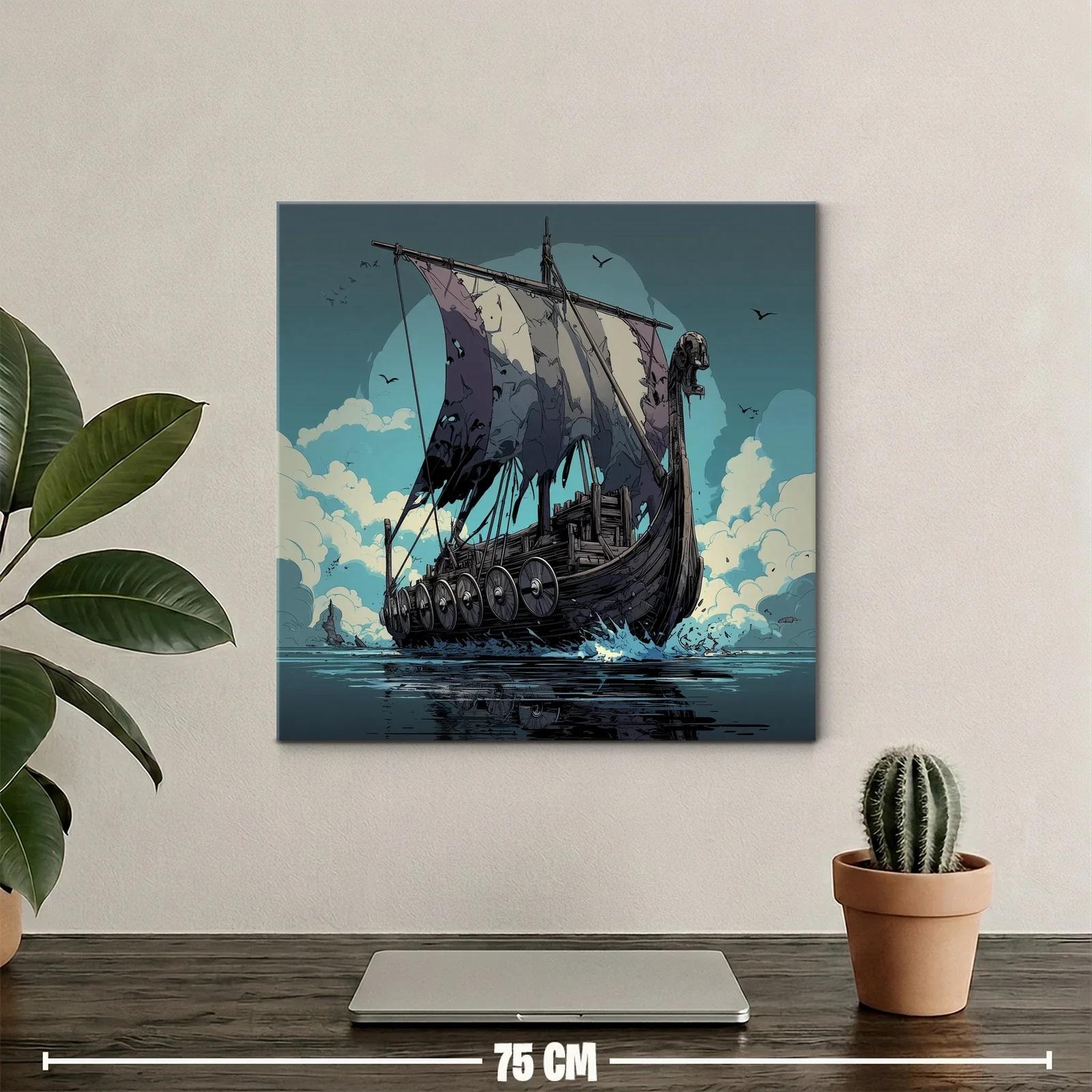 Barco Vikingo surcando el mar con velas desgastadas — miniatura 2