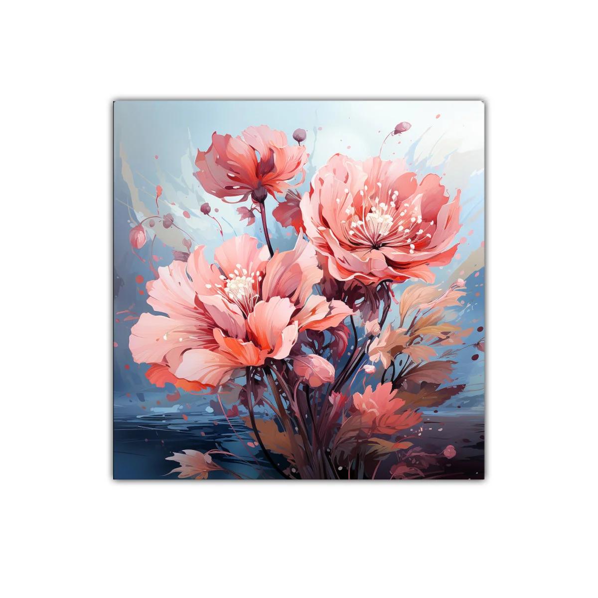 Cuadro decorativo con flores vibrantes en tonos coral y azul — imagen principal