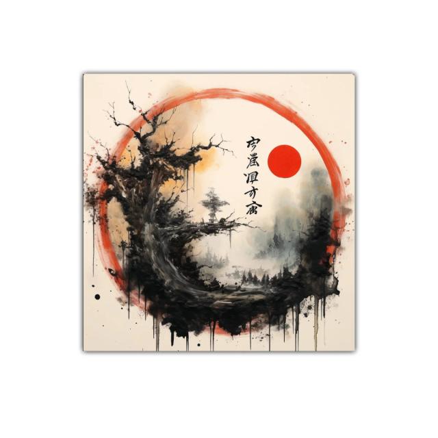 Cuadro decorativo con paisaje oriental y sol rojo brillante