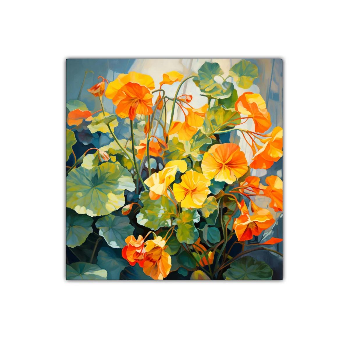 Cuadro decorativo con flores vibrantes en tonos naranjas y verdes