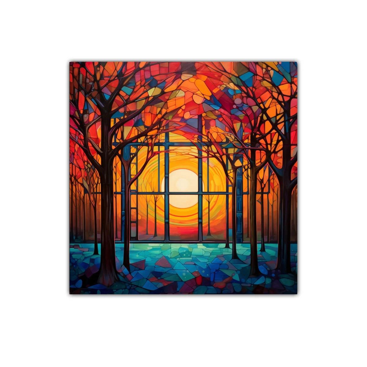 Atardecer entre árboles con ventanas coloridas