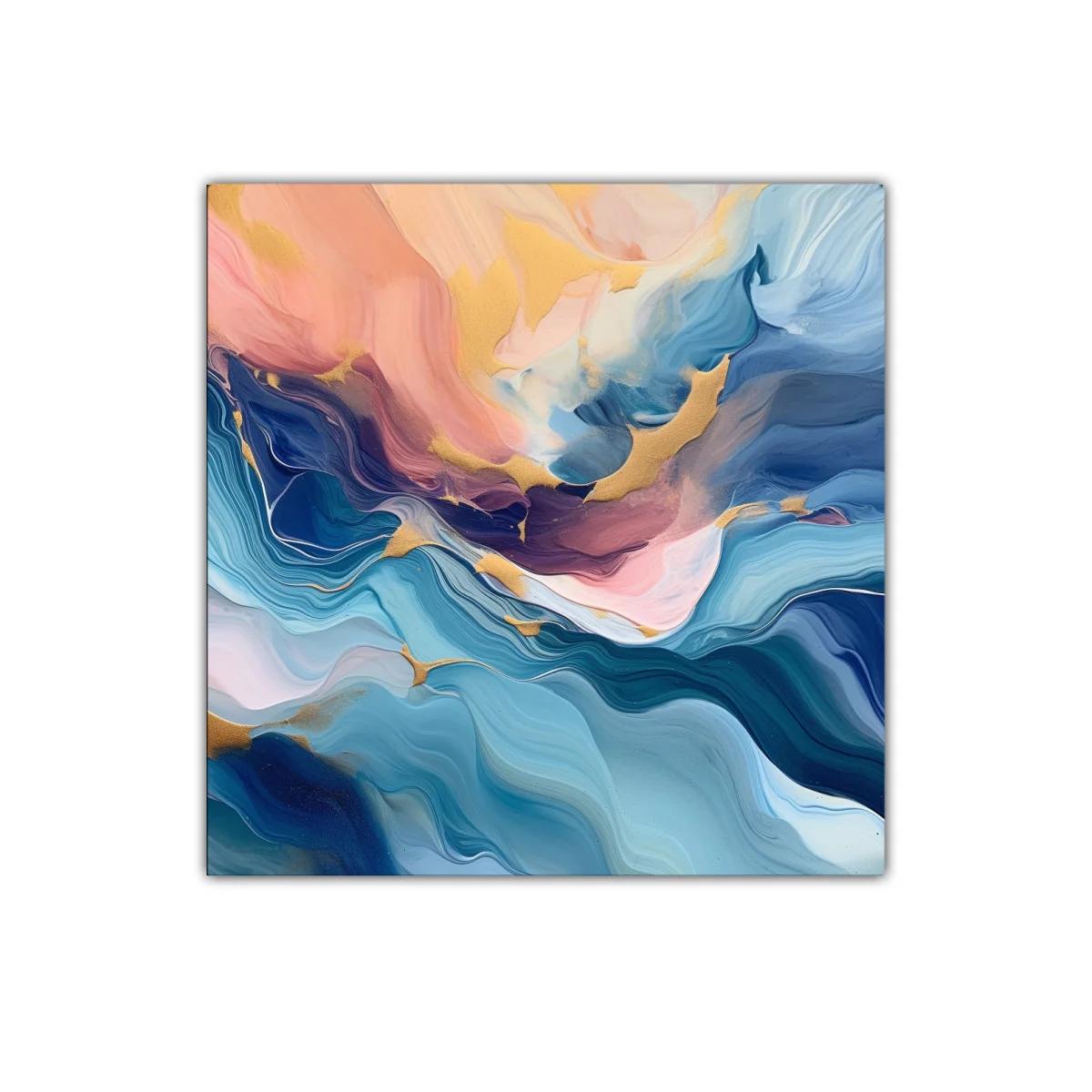 Cuadro abstracto en tonos azules y dorados con toques rosados