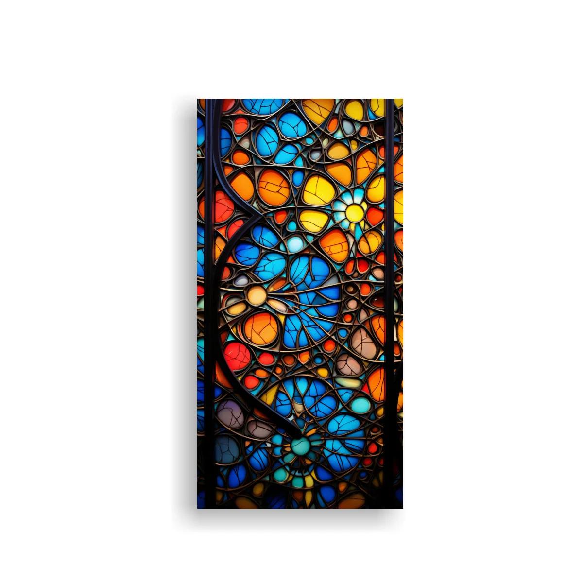 Cuadro vitrales con flores azules y tracería negra