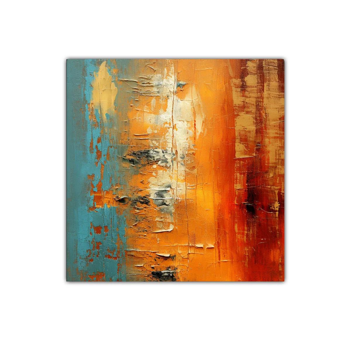 Cuadro abstracto con tonos cálidos y azul vibrante