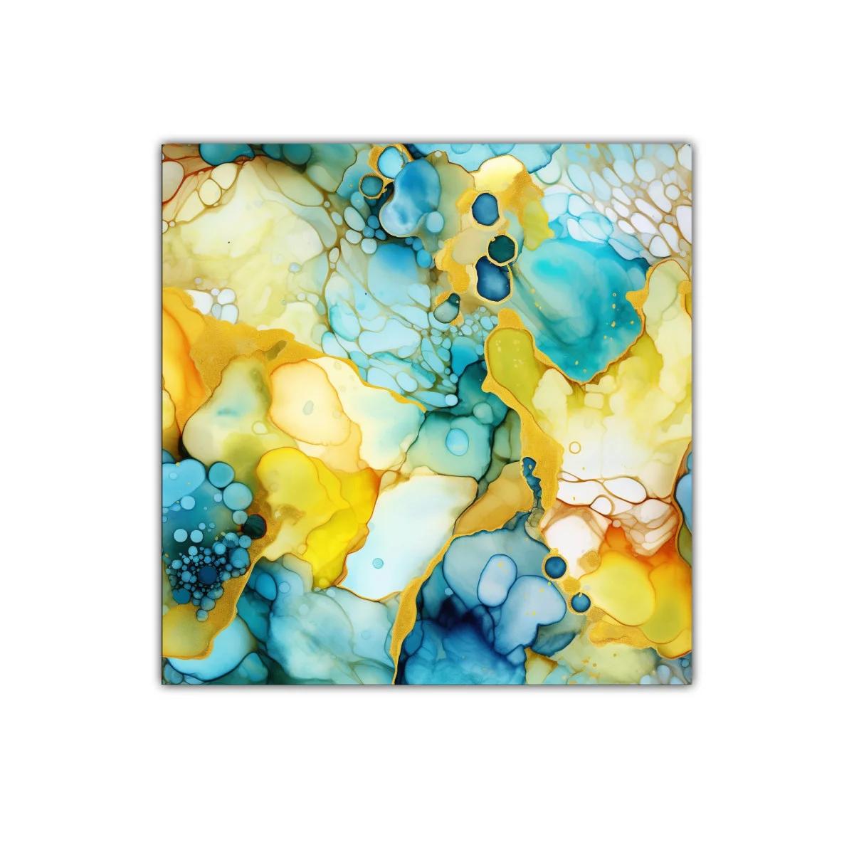 Cuadro abstracto con tonos azules y ocres vibrantes — miniatura 1
