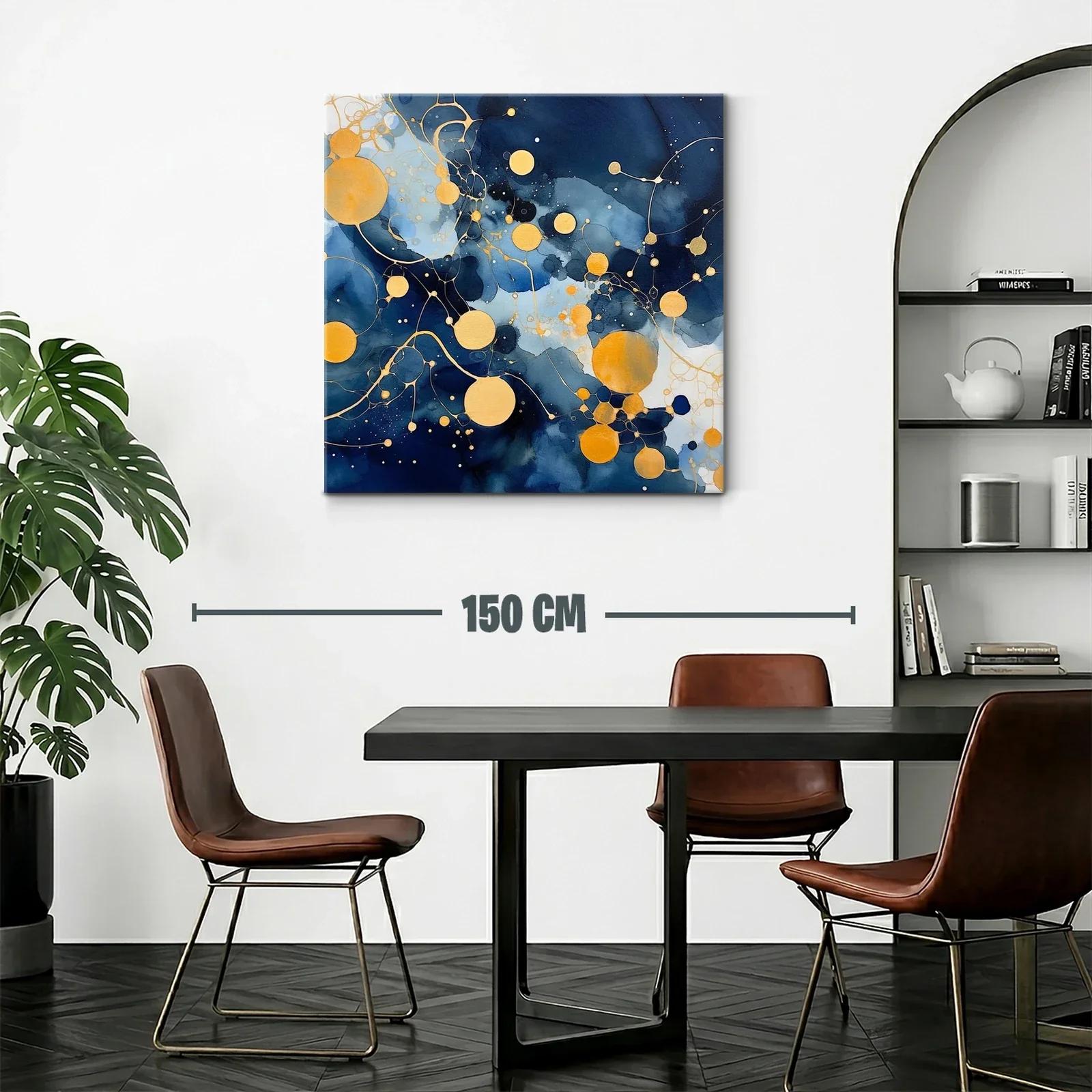Cuadro abstracto con círculos dorados sobre fondo azul marino — miniatura 2
