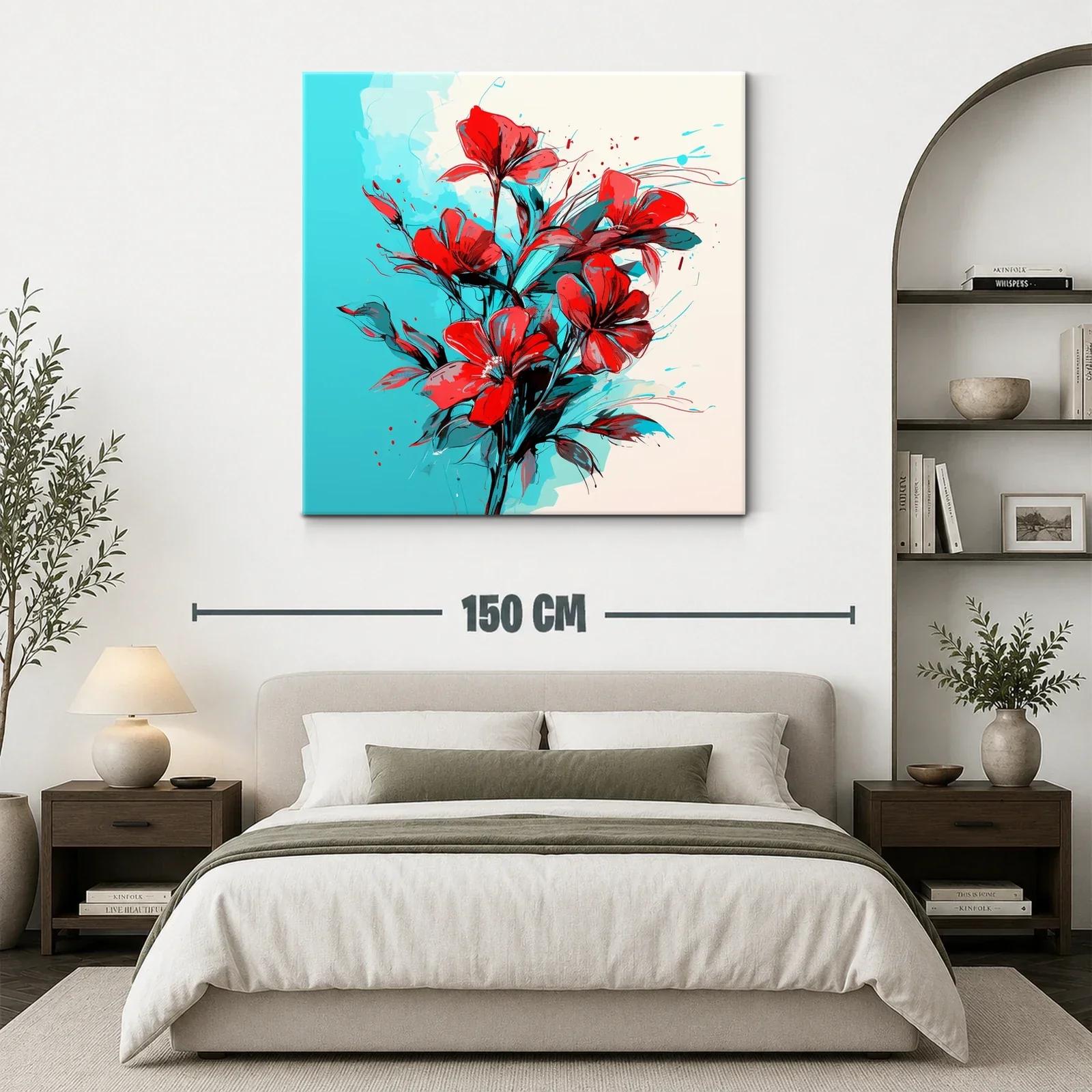 Ramo vibrante de flores rojas sobre fondo azul y beige — miniatura 3