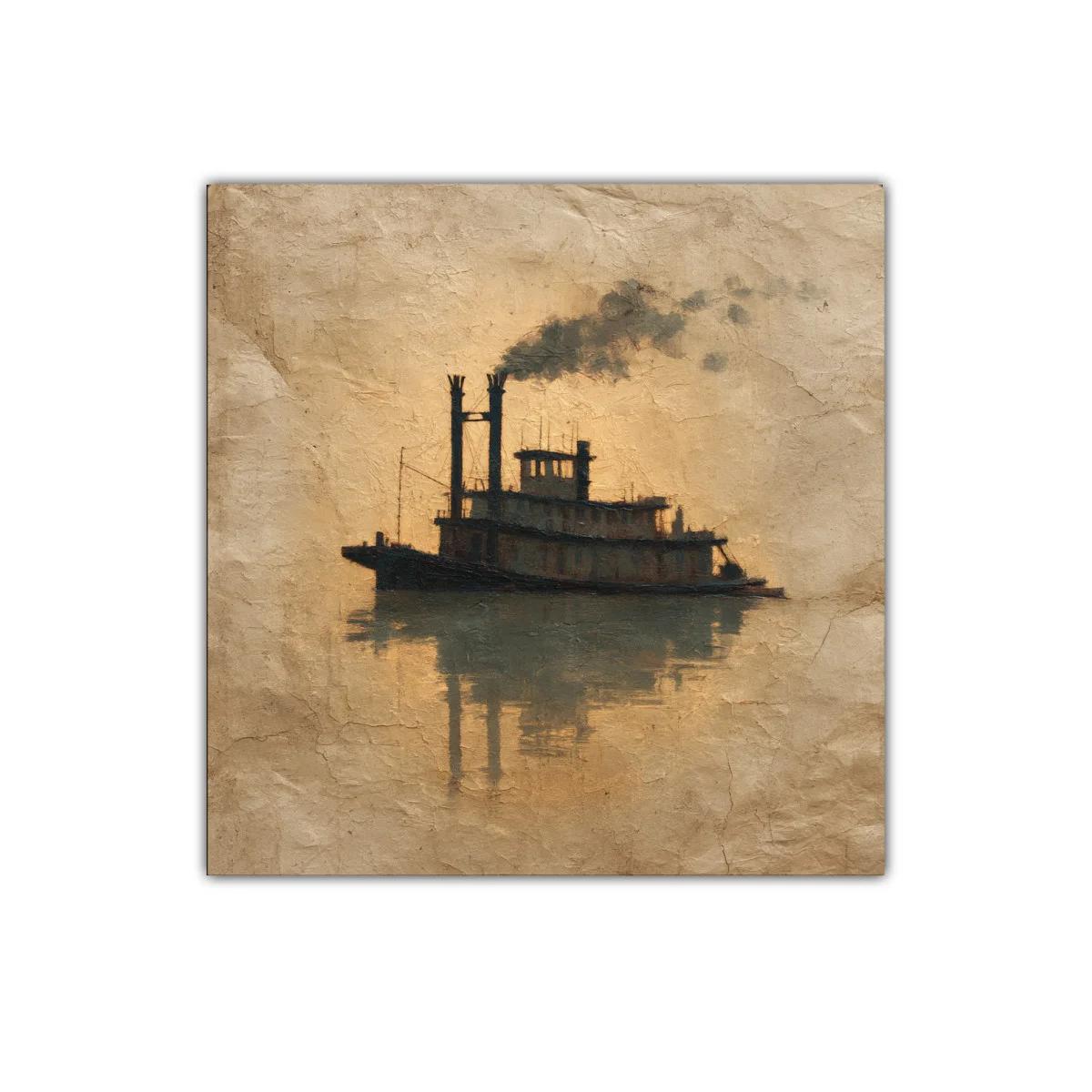 Barco de vapor vintage con reflejos en tonos cálidos — imagen principal