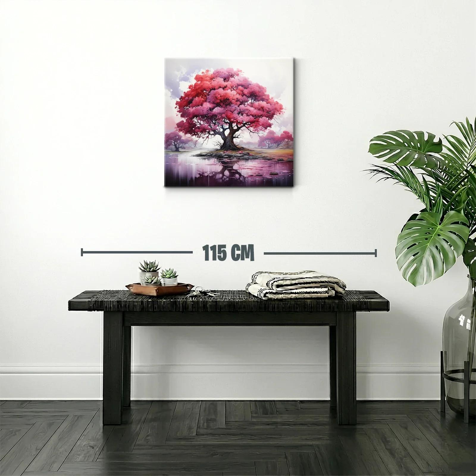 Árbol rosa con reflejo en lago sereno y místico — miniatura 2