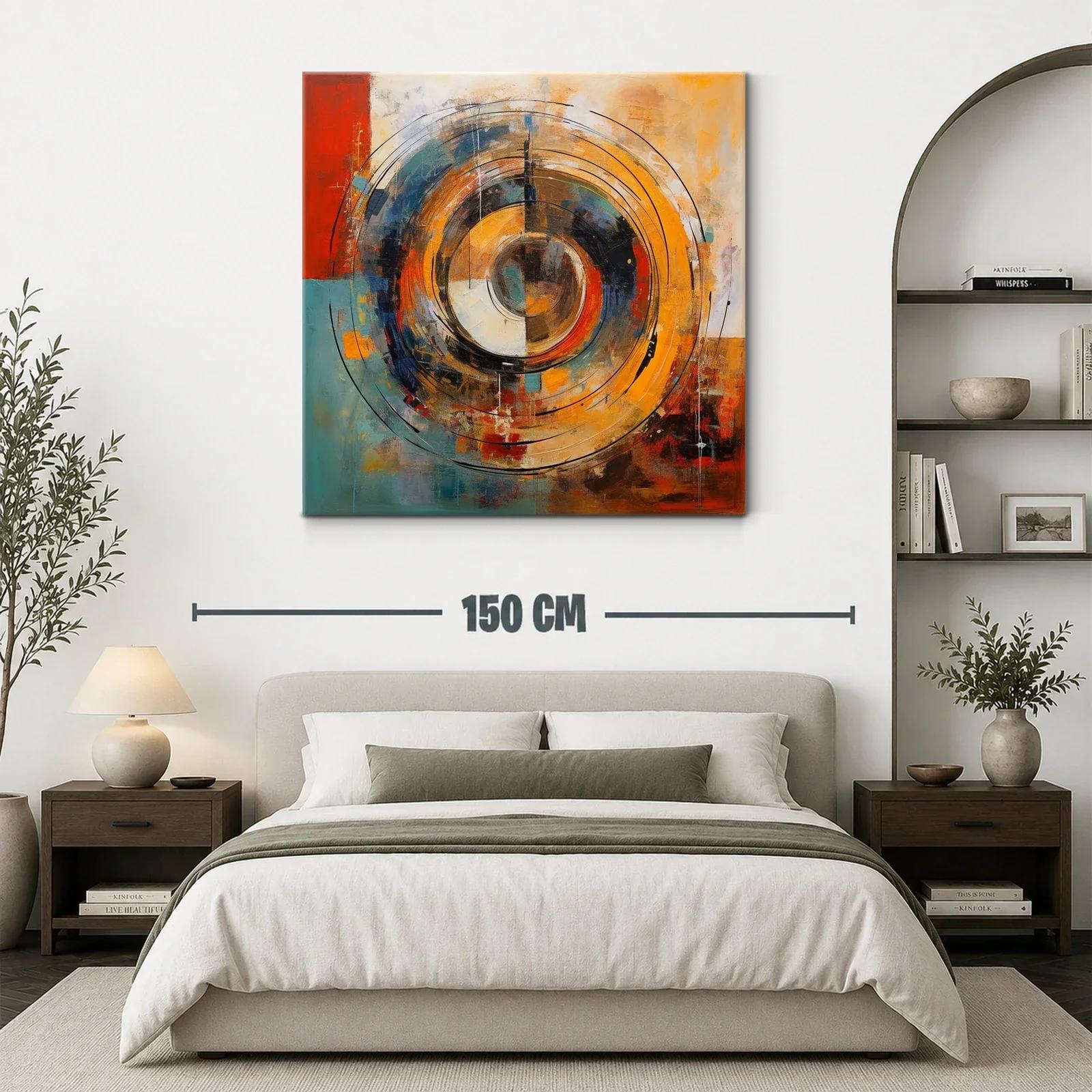 Cuadro abstracto con círculos concéntricos en tonos cálidos y fríos — miniatura 3