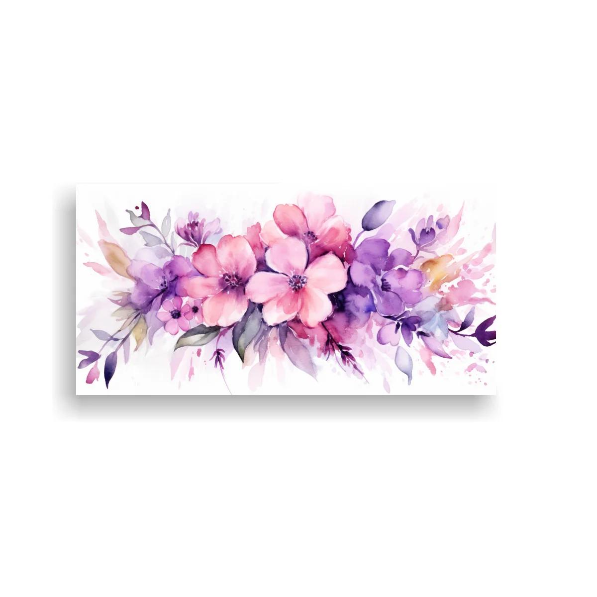 Cuadro ramo de flores rosas y lilas en acuarela