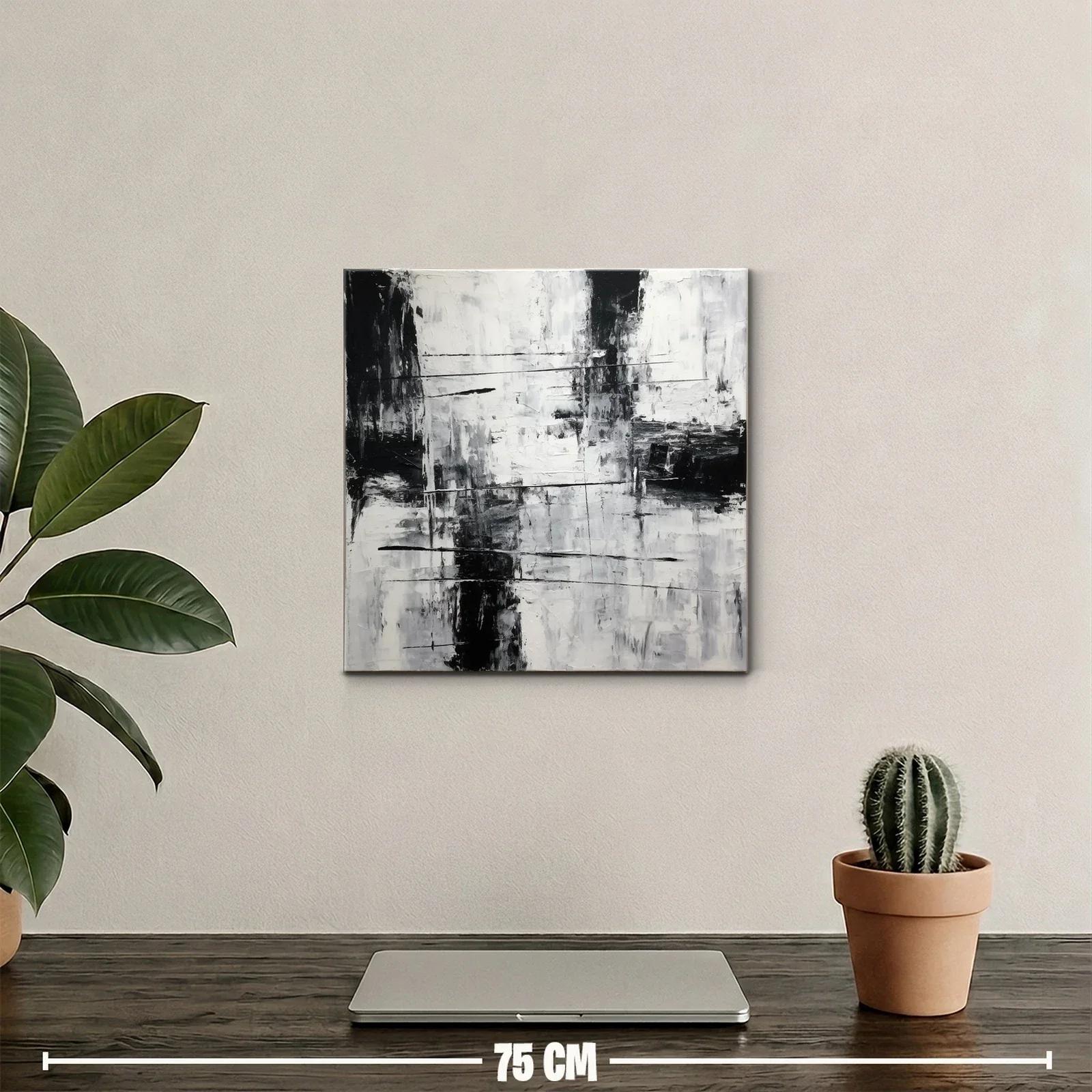 Cuadro abstracto en blanco y negro con textura y líneas dinámicas — miniatura 2