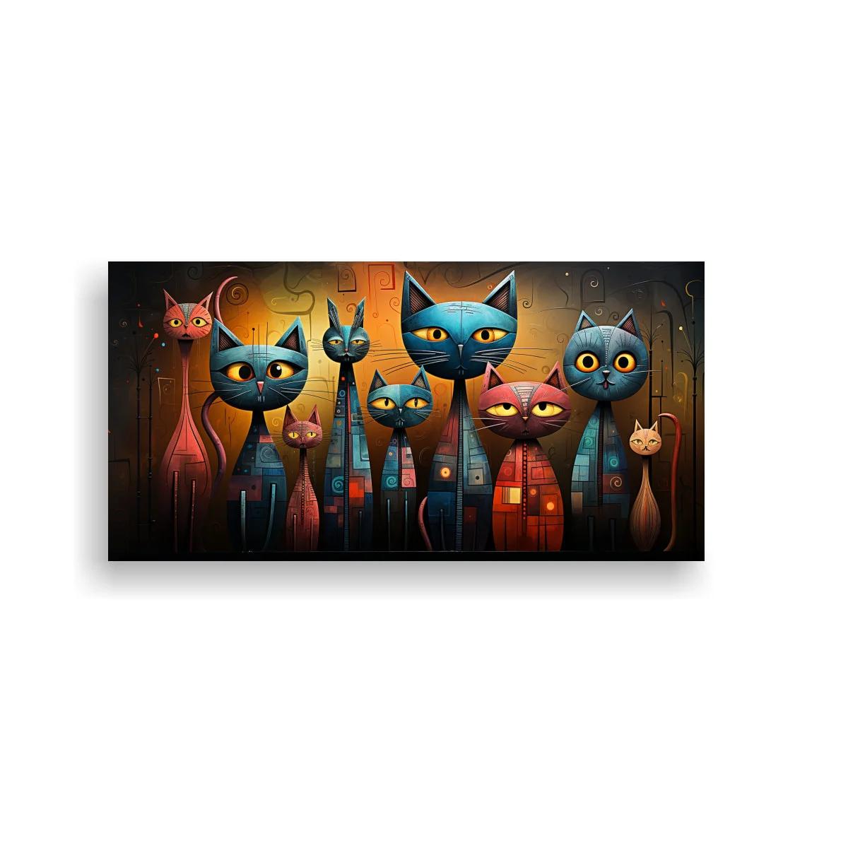 Cuadro gatos de ojos grandes con pez y jarrones altos