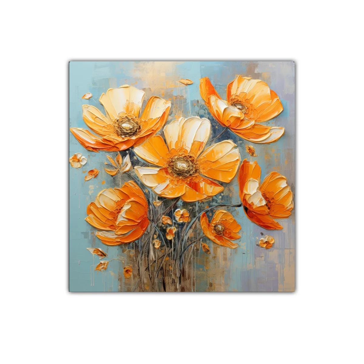Cuadro floral vibrante en tonos cálidos y fondo azul — imagen principal