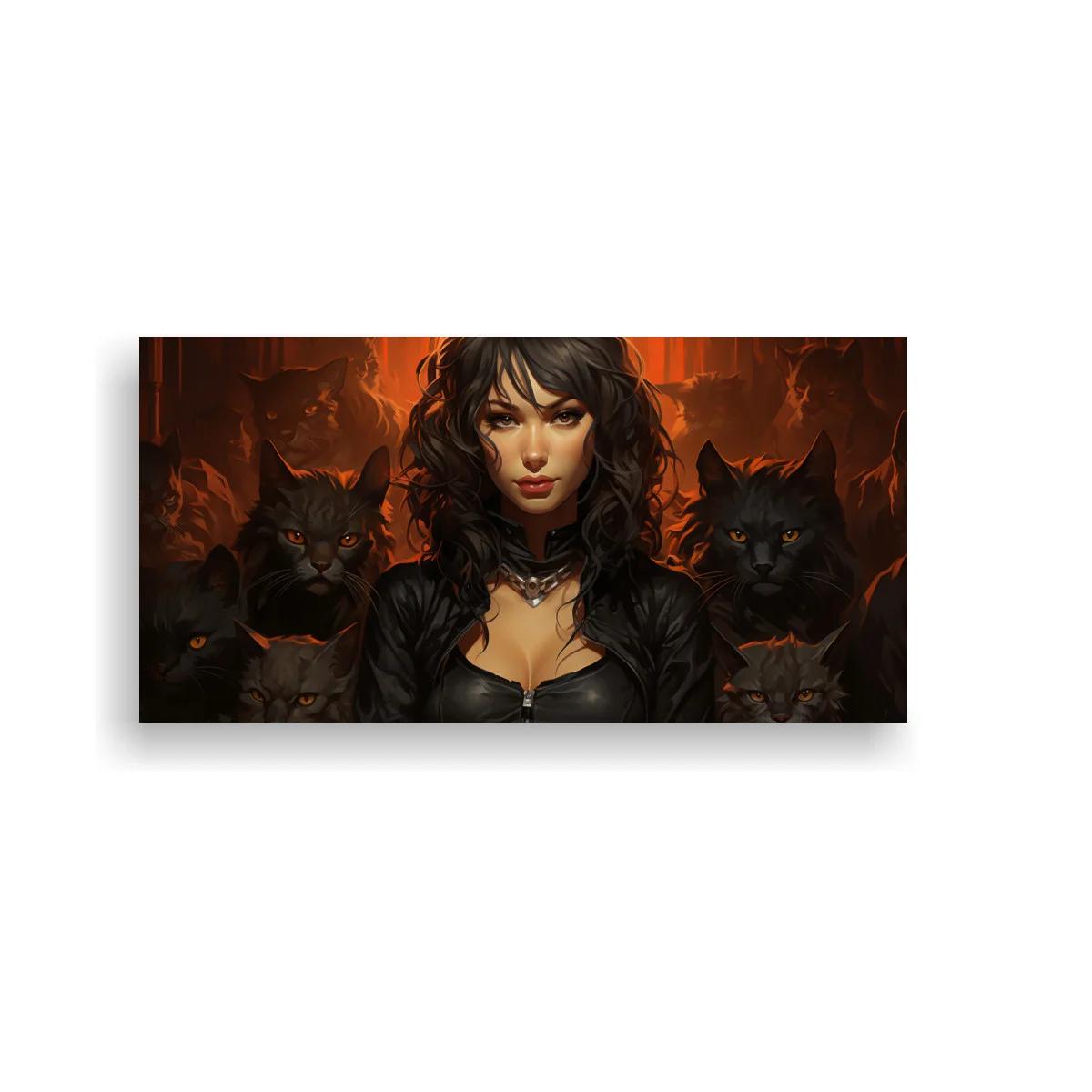 Cuadro mujer de cabello oscuro rodeada de gatos negros — imagen principal