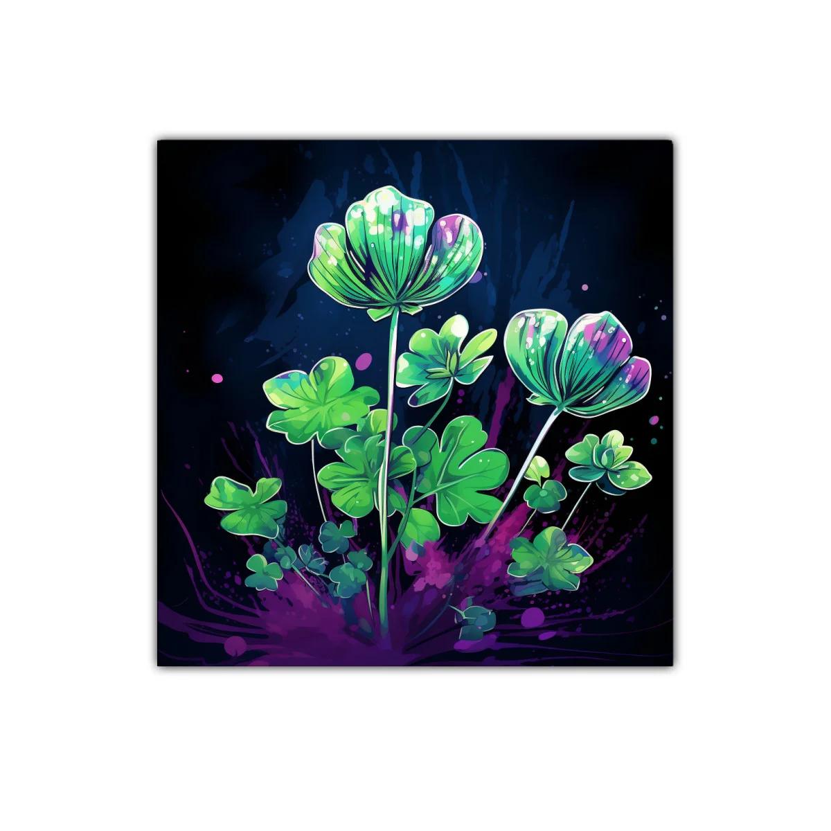 Flores verdes vibrantes sobre fondo oscuro con manchas moradas