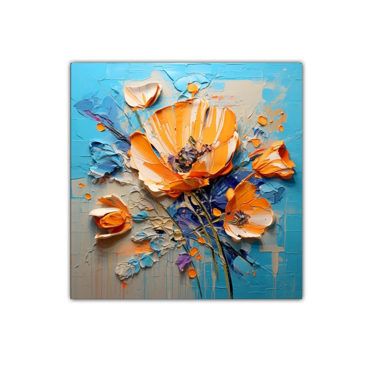 Composición floral vibrante con tonos naranjas y azules